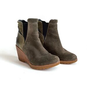 Sorel After Hours Chelsea Olive Green Leather Suede Wedge Ankle Boots Size 7